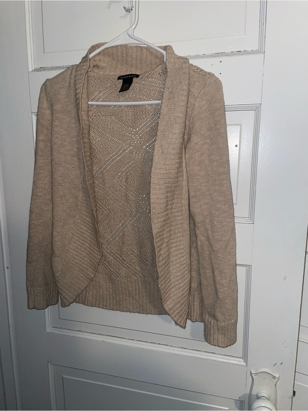 Cream Open-Front Knit Cardigan with Ribbed Trim